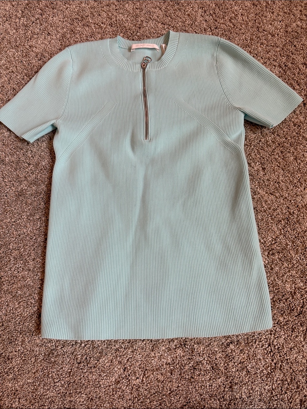 Helmut Lang Mint Short-Sleeve Ribbed Top with Silver Zip